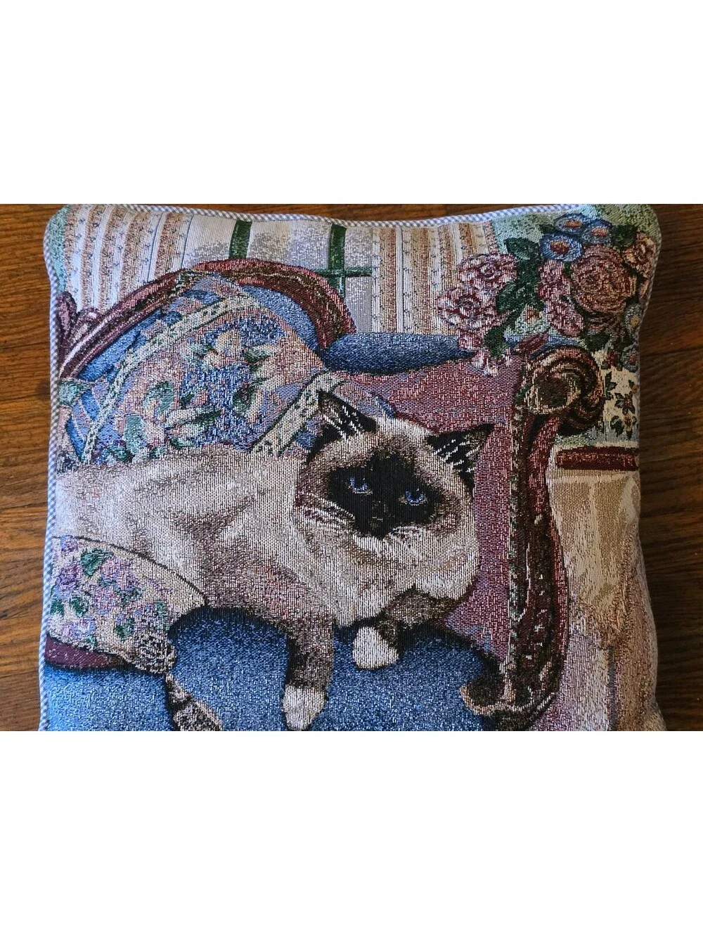 Vintage Siamese Cat Tapestry Throw Pillow 17x17 Blue Gingham Reverse